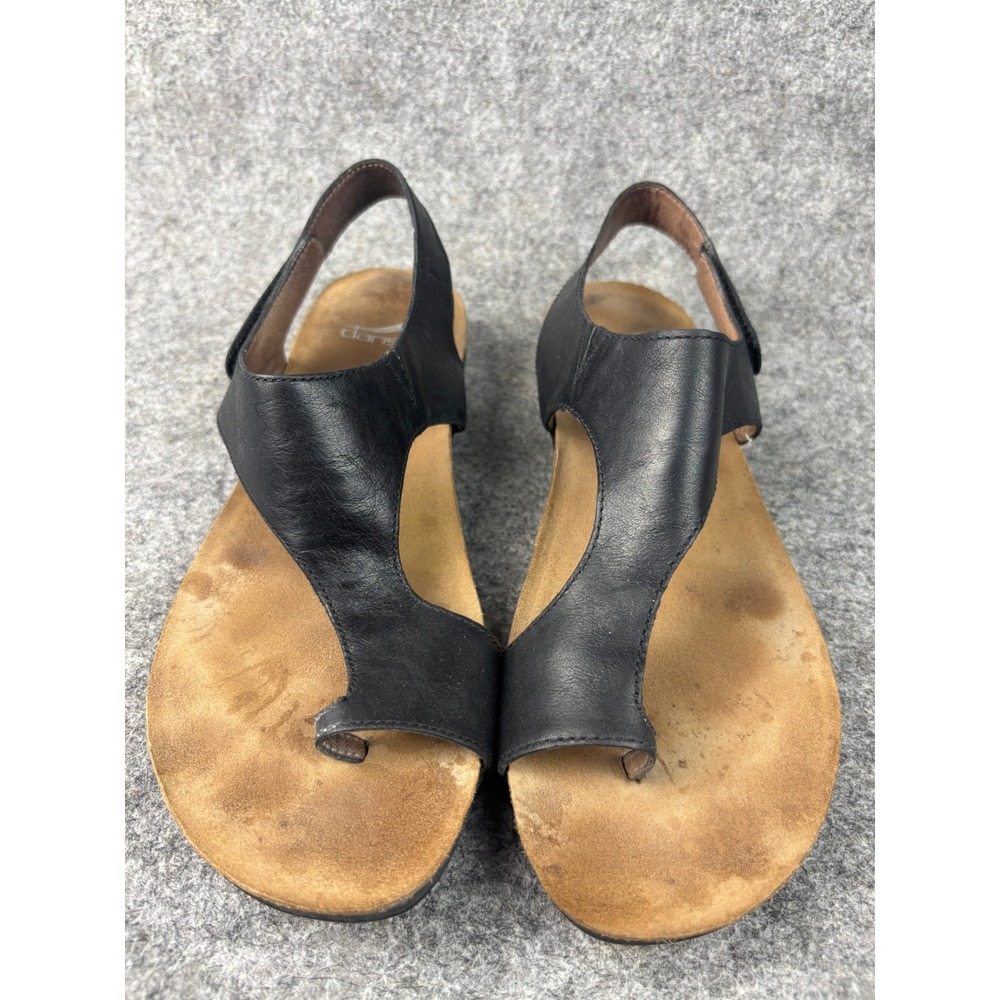 Dansko Reece Sandals Women 39 Black Leather Wedge Thong Backstrap 6024470200